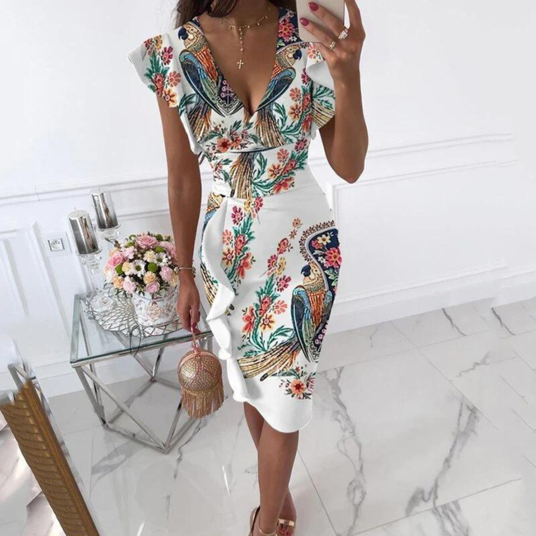 Printed dress with ruffled sleeves and V-neckline