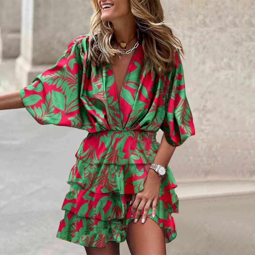 Mini dress with print, V-neckline, and ruffle