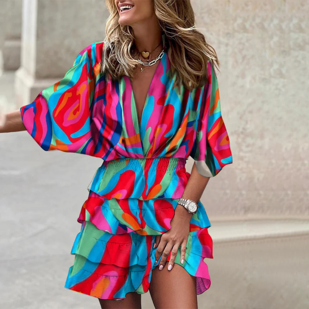 Mini dress with print, V-neckline, and ruffle